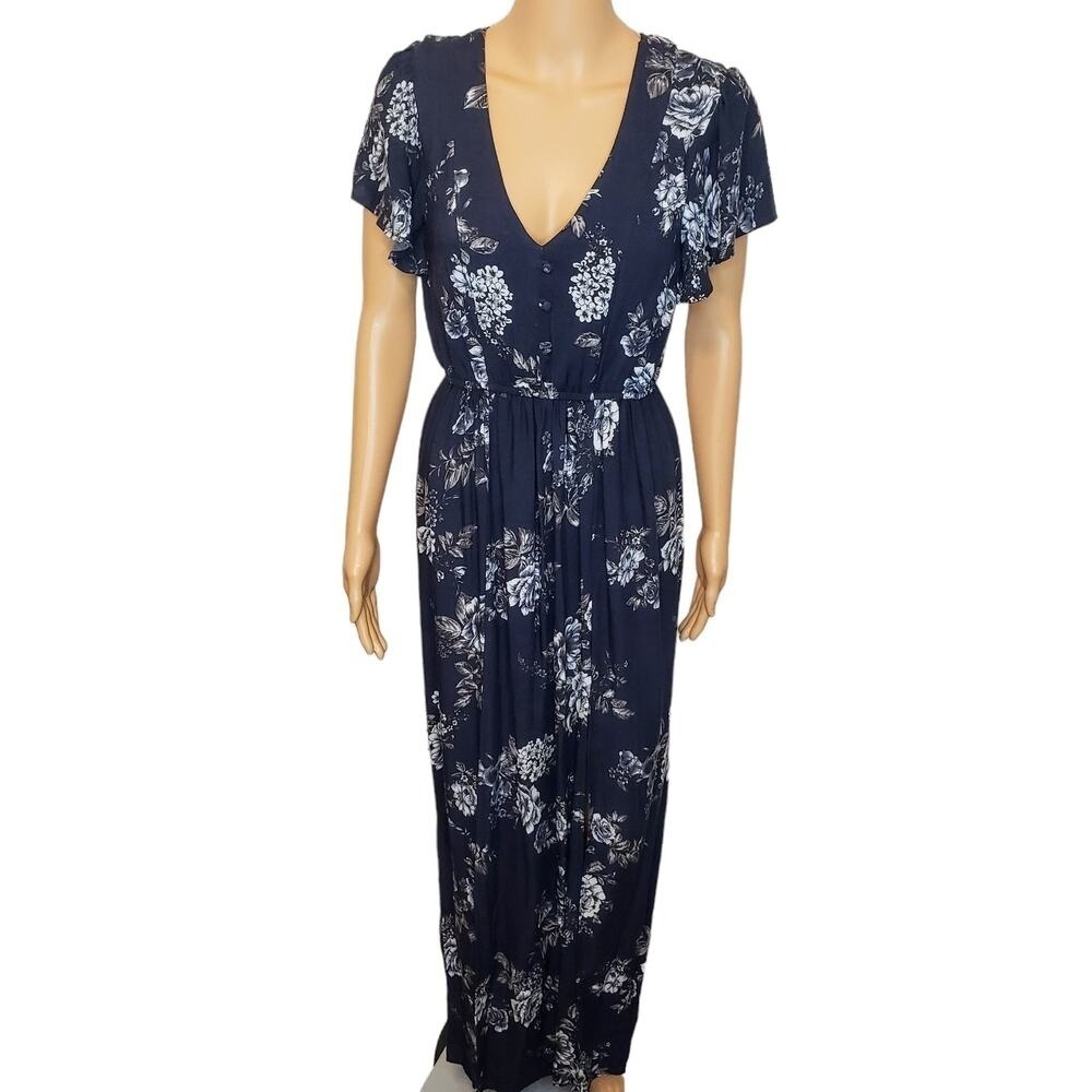 3 Pink Hearts Floral Maxi Dress V Front Slits Front Short Sleeve Small